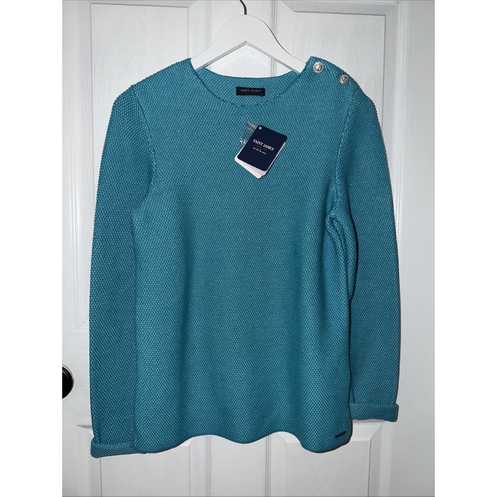 NEW Saint James France Teal Women's Knit Sweater Cotton Shoulder Button US 6